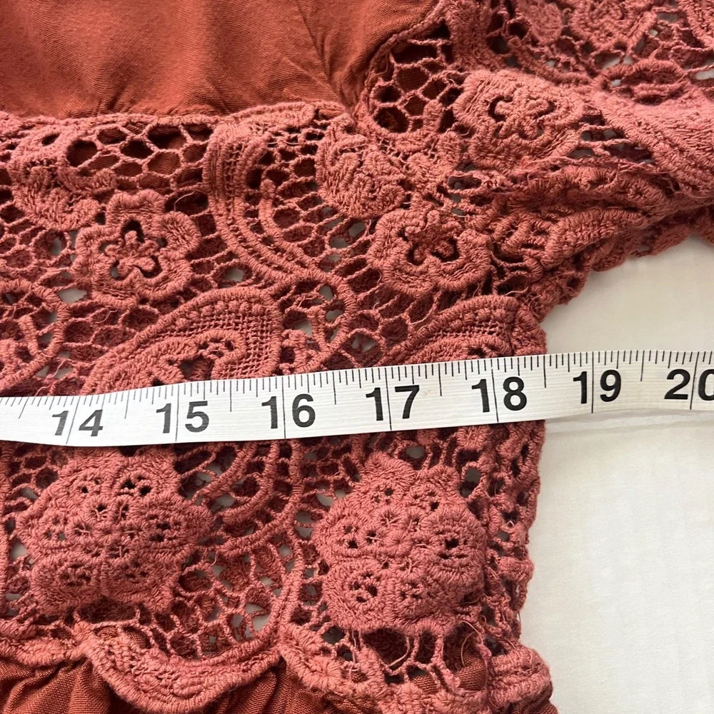 Free People Women Crochet Lace Top XS Rustic Balloon Sleeves Boho Cottage Tie